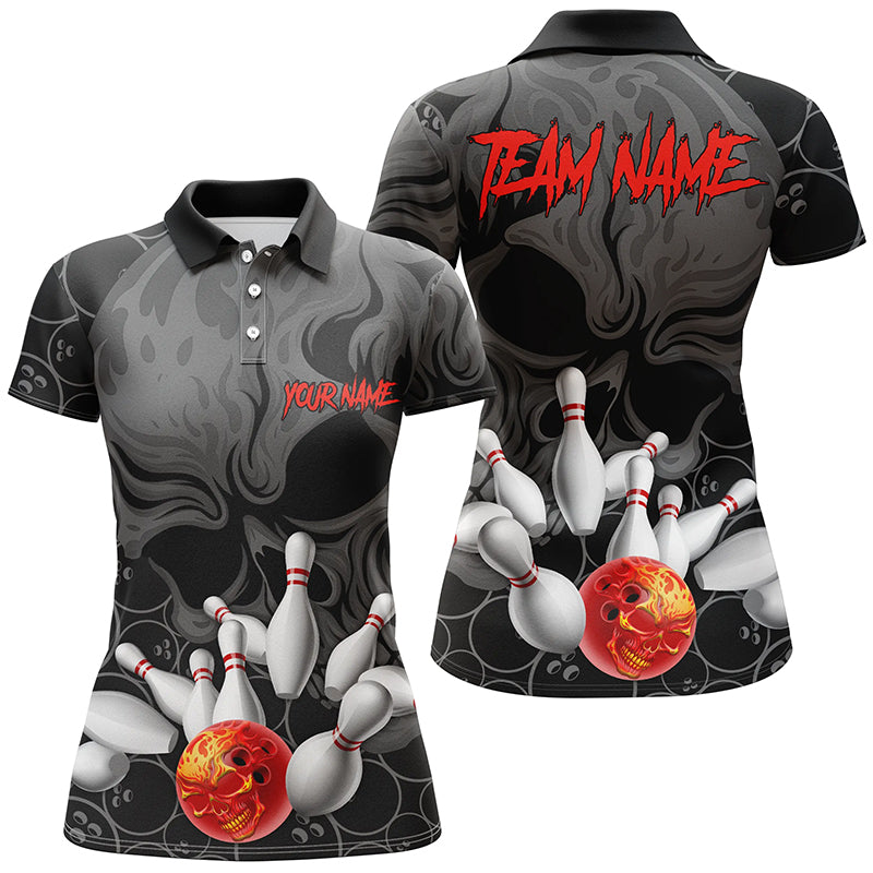 Individuelle Flammen-Schädel-Damen-Bowling-Polohemden, Schädel-Bowlingteam-Trikots IPHW5366