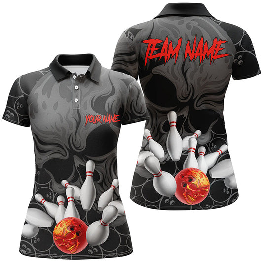 Individuelle Flammen-Schädel-Damen-Bowling-Polohemden, Schädel-Bowlingteam-Trikots IPHW5366