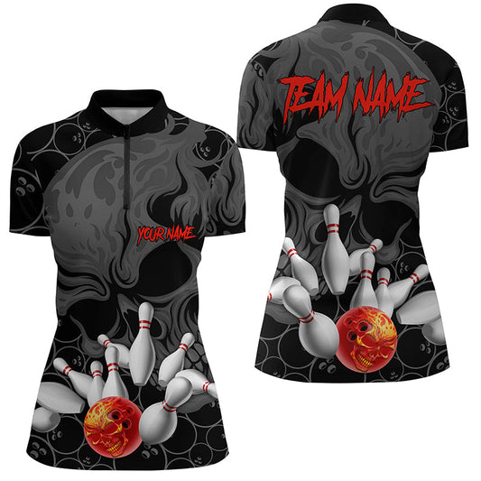Individuelle Flammen-Schädel-Damen-Bowling-Quarter-Zip-Hemden, Schädel-Bowlingteam-Trikots IPHW5366