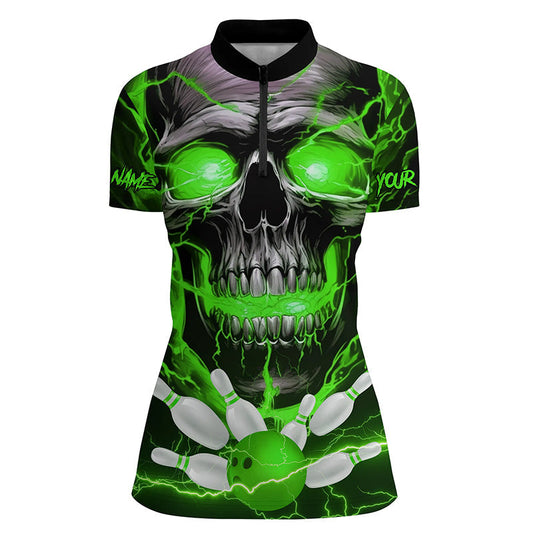 Individuelle grüne Thunder Lightning Schädel-Bowlingteam-Trikots für Herren, Quarter-Zip-Hemden, Bowlingliga IPHW5368