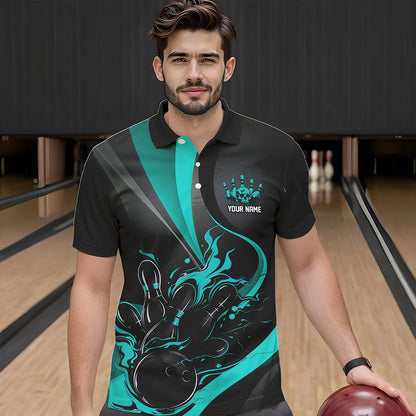 Blau-schwarze Flammen-Bowlingteam-Hemden, „Strike“-Bowling-Kurzarm-Polohemden für Herren IPHW6756