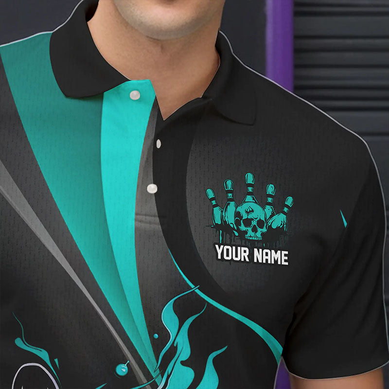 Blau-schwarze Flammen-Bowlingteam-Hemden, „Strike“-Bowling-Kurzarm-Polohemden für Herren IPHW6756