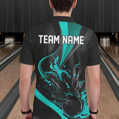 Blau-schwarze Flammen-Bowlingteam-Hemden, „Strike“-Bowling-Kurzarm-Polohemden für Herren IPHW6756