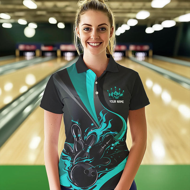 Blau-schwarze Flammen-Bowlingteam-Hemden, "Strike"-Bowling-Kurzarm-Polohemden für Damen IPHW6756