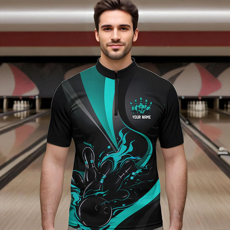 Blau-schwarze Flammen-Bowlingteam-Hemden, „Strike“-Bowling-Kurzarm-Polohemden für Damen IPHW6756