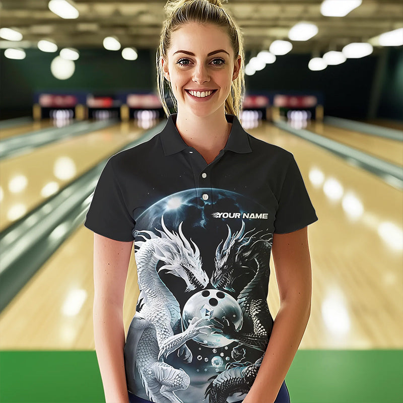 Schwarzweiße individuelle Drachen-Bowlinghemden für Damen, Drachen-Bowlingliga-Outfits IPHW7064