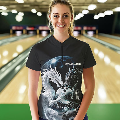 Schwarzweiße individuelle Drachen-Bowlinghemden für Damen, Drachen-Bowlingliga-Outfits IPHW7064