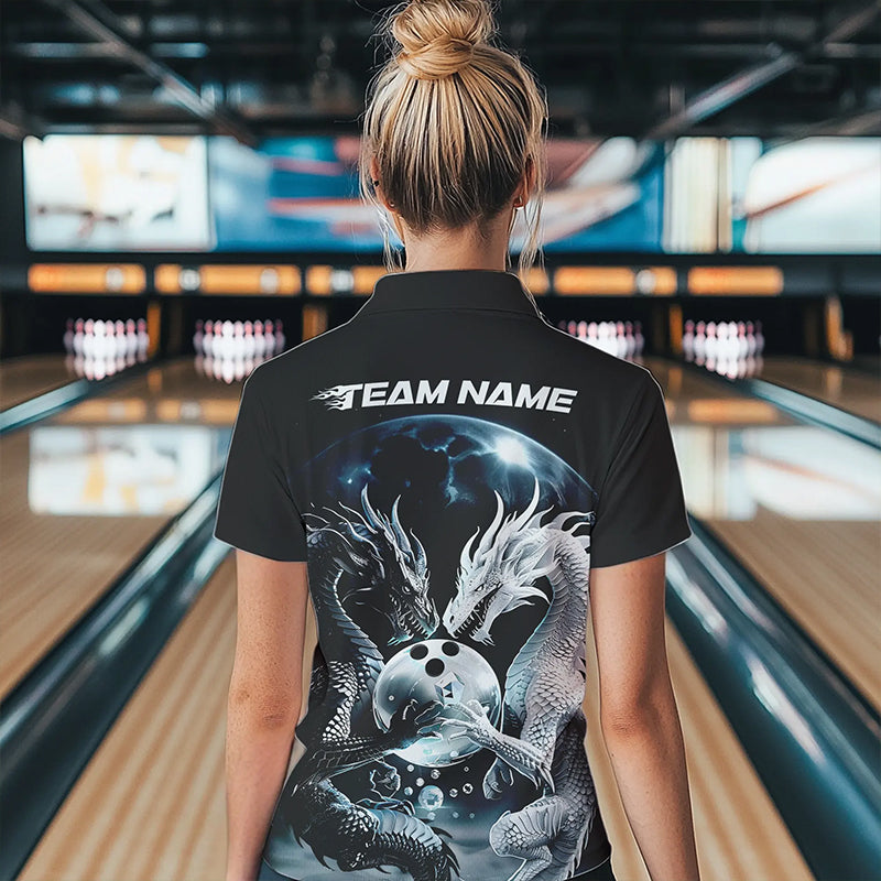 Schwarzweiße individuelle Drachen-Bowlinghemden für Damen, Drachen-Bowlingliga-Outfits IPHW7064