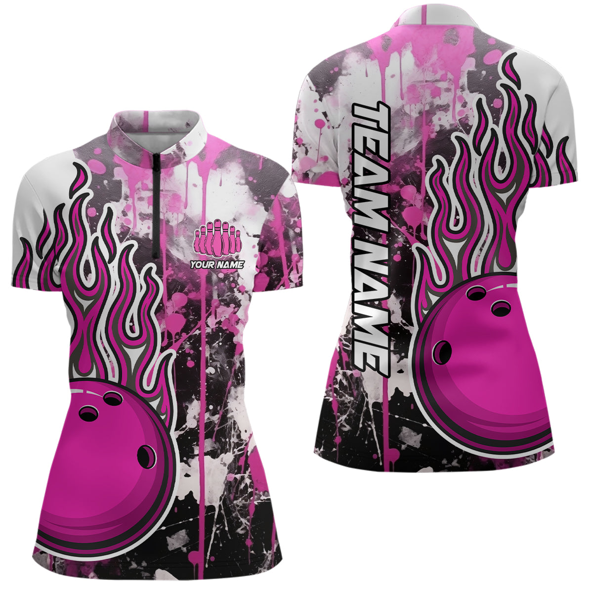 Pink Camo-Flammen-Bowling-Quarter-Zip-Hemden für Damen, individuelle Bowlingteam-Trikots, Bowlingliga IPHW5410