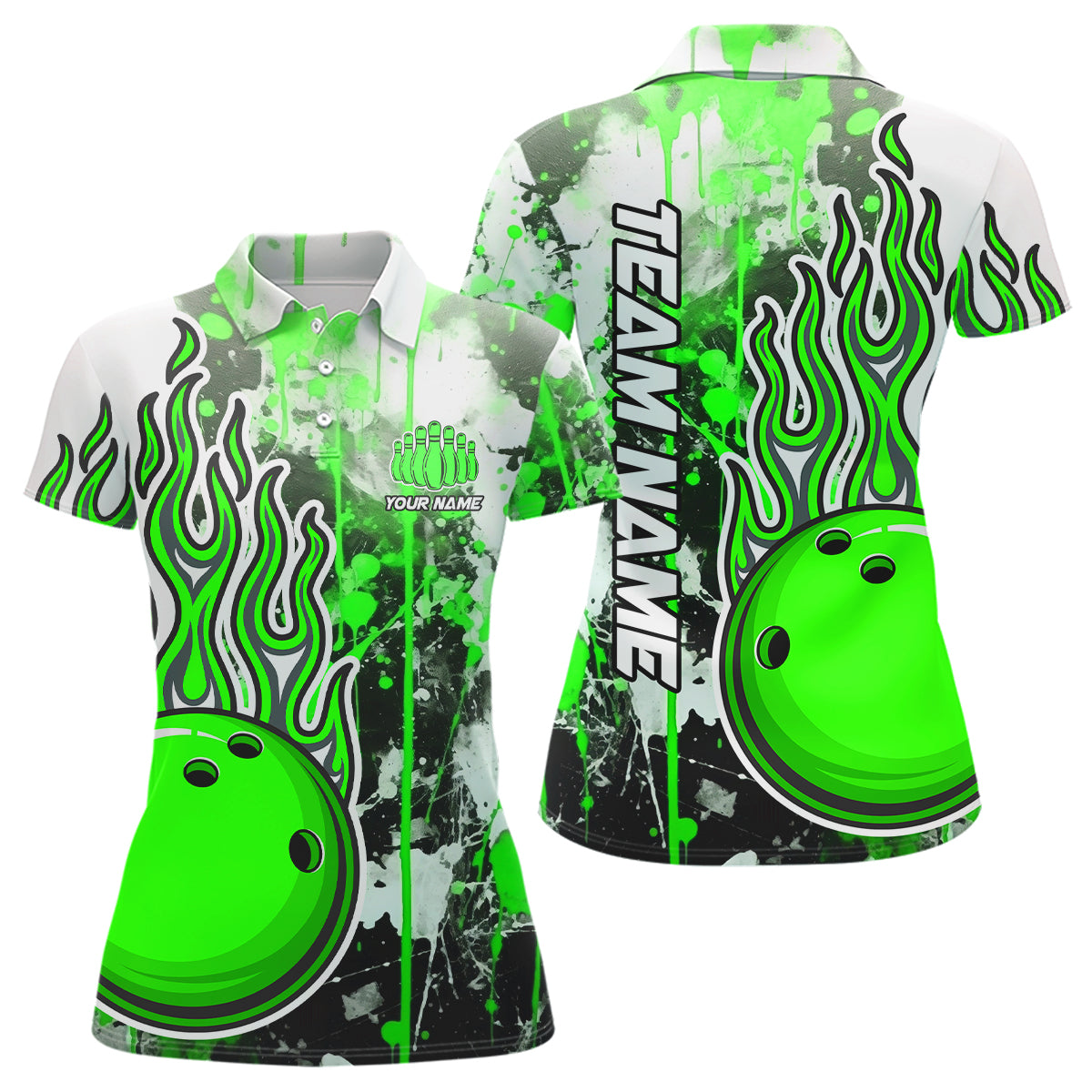 Grüne Camo-Flammen-Bowling-Polohemden für Damen, individuelle Bowlingteam-Trikots, Bowlingliga IPHW5420