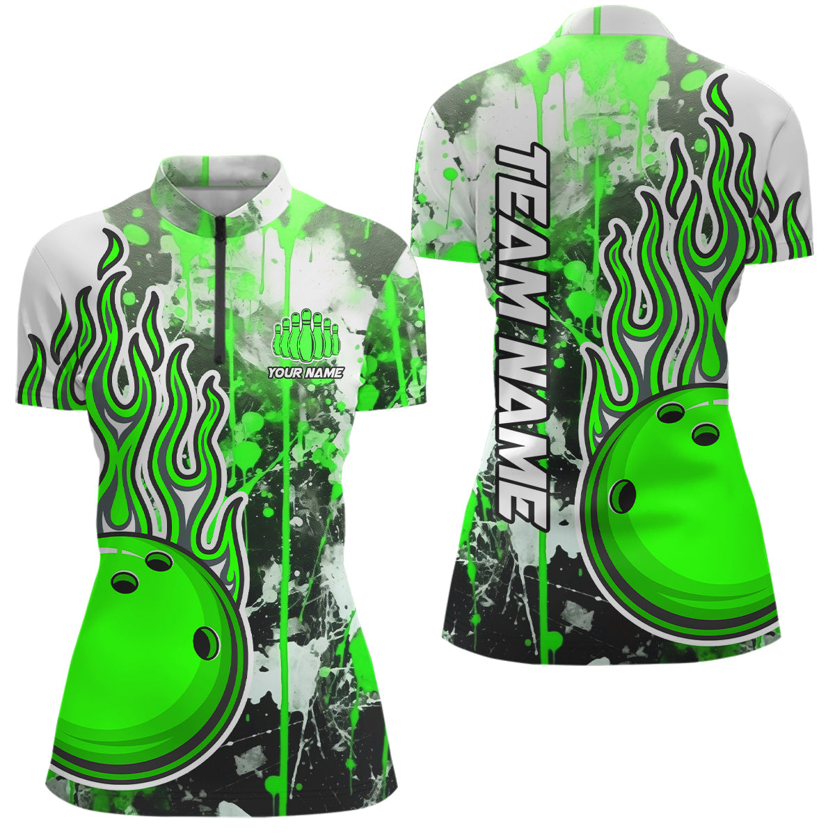 Grüne Camo-Flammen-Bowling-Quarter-Zip-Hemden für Damen, individuelle Bowlingteam-Trikots, Bowlingliga IPHW5420