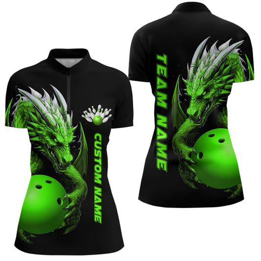 Individuelle grüne Drachen-Damen-Bowling-Quarter-Zip-Hemden, Bowlingteam-Trikots, Bowlingbekleidung IPHW5295