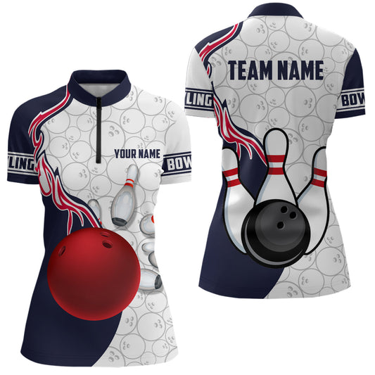 Individuelle Damen-Bowling-Quarter-Zip-Hemden, Bowlingkugel und Pins, Bowlingliga-Trikots, Outfits IPHW5305