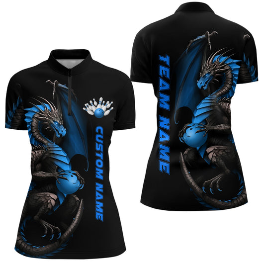 Individuelle blaue Drachen-Bowling-Quarter-Zip-Hemden für Damen, Bowlingteam-Trikots, Bowler-Outfit IPHW5331