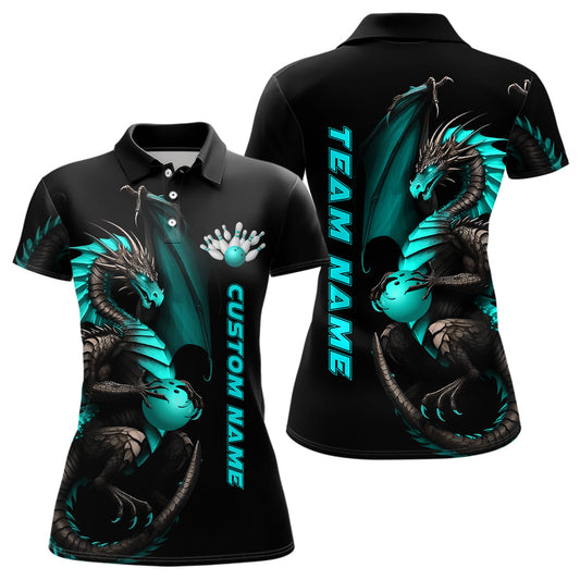 Individuelle cyanfarbene Drachen-Bowling-Polohemden für Damen, Bowlingteam-Trikots, Bowler-Outfit IPHW5332