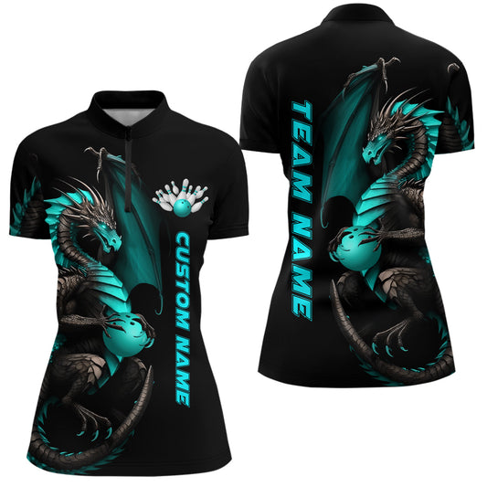 Individuelle cyanfarbene Drachen-Bowling-Quarter-Zip-Hemden für Damen, Bowlingteam-Trikots, Bowler-Outfit IPHW5332