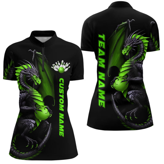 Individuelle grüne Drachen-Bowling-Quarter-Zip-Hemden für Damen, Bowlingteam-Trikots, Bowler-Outfit IPHW5333
