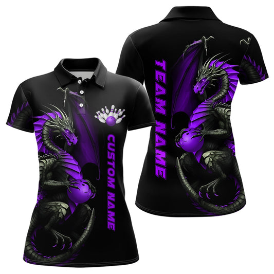 Individuelle lila Drachen-Bowling-Polohemden für Damen, Bowlingteam-Trikots, Bowler-Outfit IPHW5334