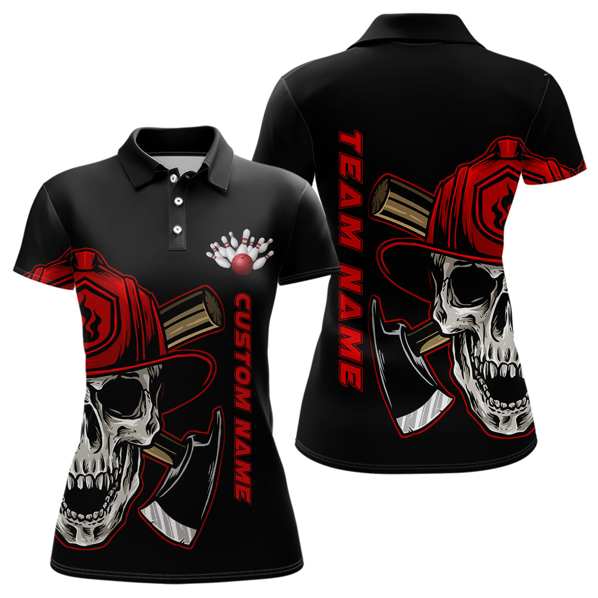 Feuerwehr-Schädel, individuelle Damen-Bowling-Polohemden, Feuerwehr-Bowlingteam-Trikots, Outfits IPHW5335