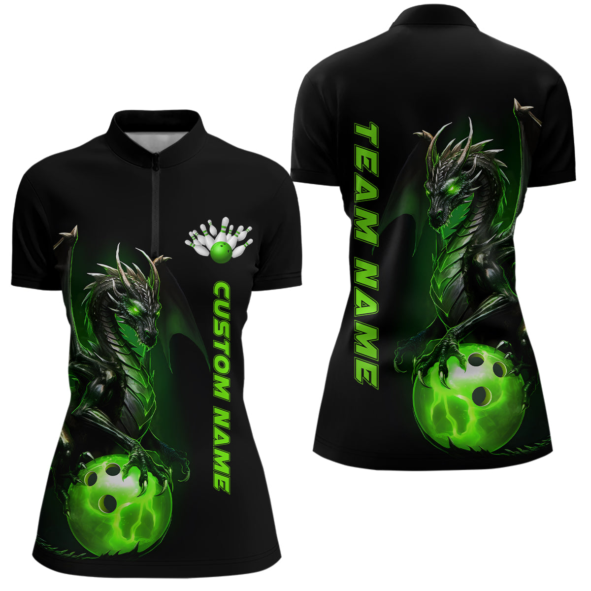 Individuelle Damen-Bowling-Quarter-Zip-Hemden, grüne Drachen-Bowlingteam-Trikots, Bowlingliga IPHW5350