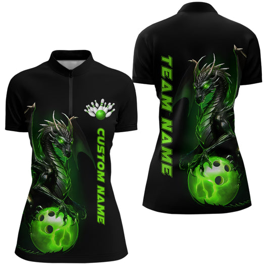 Individuelle Damen-Bowling-Quarter-Zip-Hemden, grüne Drachen-Bowlingteam-Trikots, Bowlingliga IPHW5350