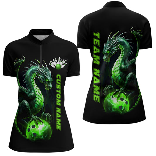 Personalisierte grüne Drachen-Bowlingteam-Trikots für Damen, Quarter-Zip-Hemden, Bowlingliga IPHW5354