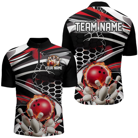 Rot-schwarzes individuelles Flammen-Bowling-Outfit, Bowlingteam-League-Quarter-Zip-Hemden IPHW6771