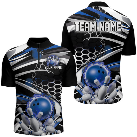Blau-schwarzes individuelles Flammen-Bowling-Outfit, Bowlingteam-League-Quarter-Zip-Hemden IPHW6772