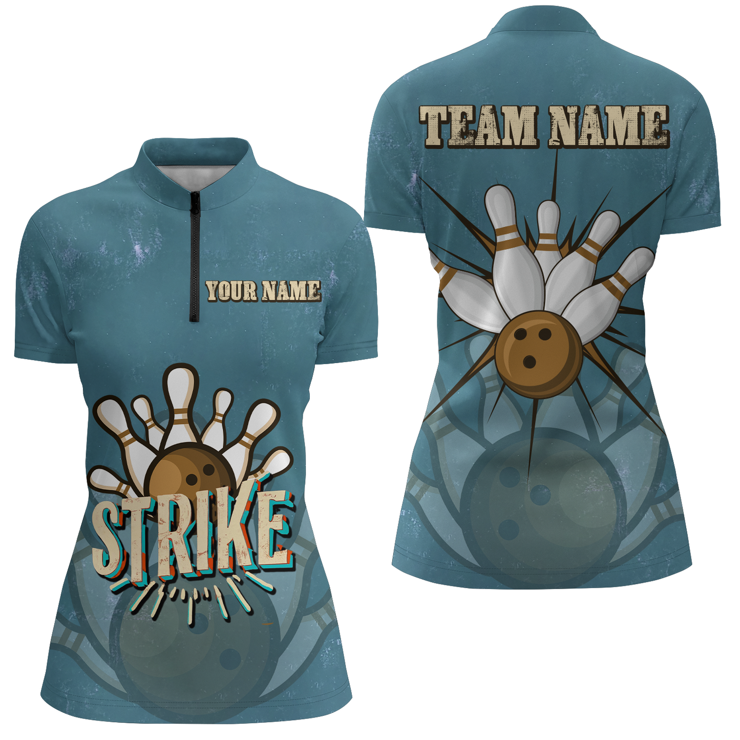 Individuelle "Strike Bowling"-Damen-Quarter-Zip-Hemden, Vintage-Bowlingteam-Trikots, Retro-Outfits IPHW5391