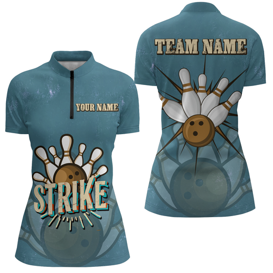 Individuelle "Strike Bowling"-Damen-Quarter-Zip-Hemden, Vintage-Bowlingteam-Trikots, Retro-Outfits IPHW5391