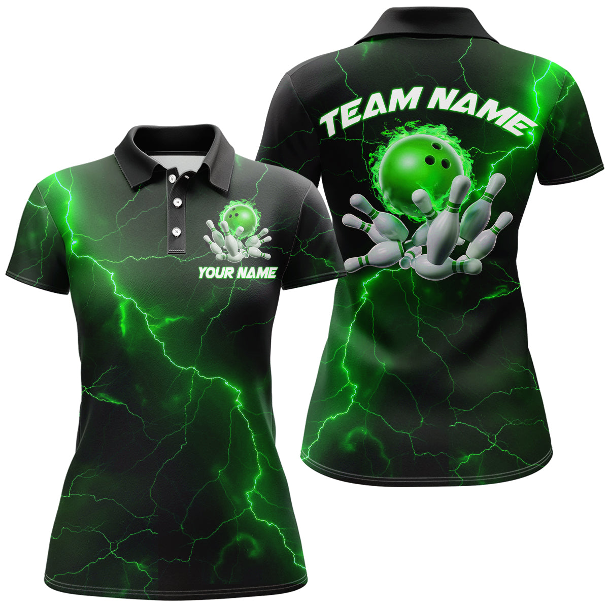 Grüne "Thunder Lightning"-Flammen-Bowlingkugel, individuelle Bowlingteam-Hemden für Damen, Bowler IPHW6717