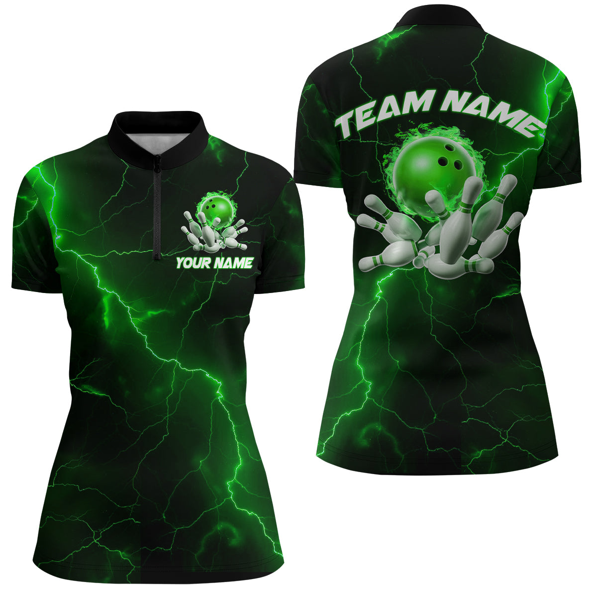 Grüne "Thunder Lightning"-Flammen-Bowlingkugel, individuelle Bowlingteam-Hemden für Damen, Bowler IPHW6717