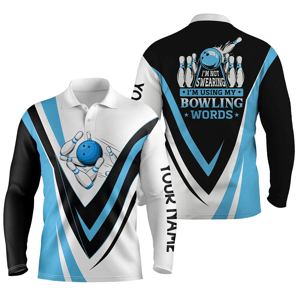Individuelle Bowling-Poloshirts für Herren – „I'm not swearing, I'm using my bowling words“ Blaue Bowl-Shirts NQS6631