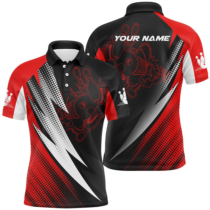 Rot-schwarze Bowlingkugeln und Pins, personalisierbare Bowling-Poloshirts für Männer, Team-Bowlingtrikots NQS4847