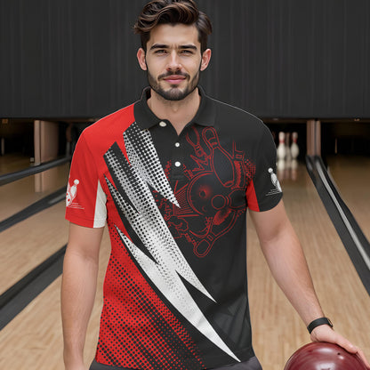 Rot-schwarze Bowlingkugeln und Pins, personalisierbare Bowling-Poloshirts für Männer, Team-Bowlingtrikots NQS4847