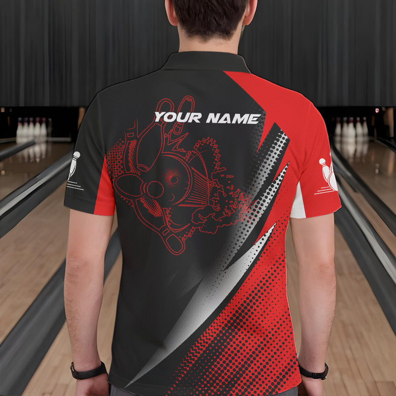 Rot-schwarze Bowlingkugeln und Pins, personalisierbare Bowling-Poloshirts für Männer, Team-Bowlingtrikots NQS4847