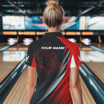 Rot-schwarze Flammendrachen-Bowlingkugeln & Pins, Individuelle Bowling-Poloshirts für Damen – Bowling-Trikots NQS6497