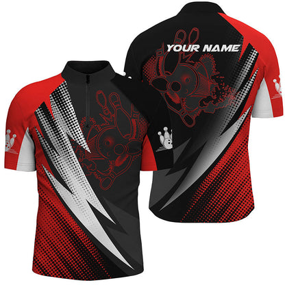 Rot-schwarze Bowlingkugeln und Pins, personalisierbare Bowlinghemden mit Viertelreißverschluss für Männer, Bowlingtrikots NQS4847