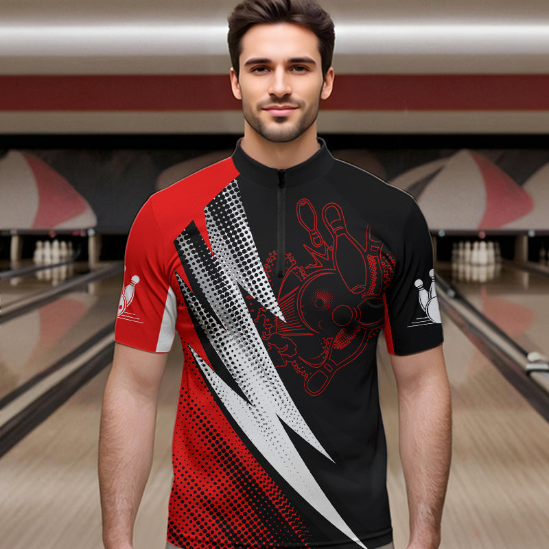 Rot-schwarze Bowlingkugeln und Pins, personalisierbare Bowlinghemden mit Viertelreißverschluss für Männer, Bowlingtrikots NQS4847