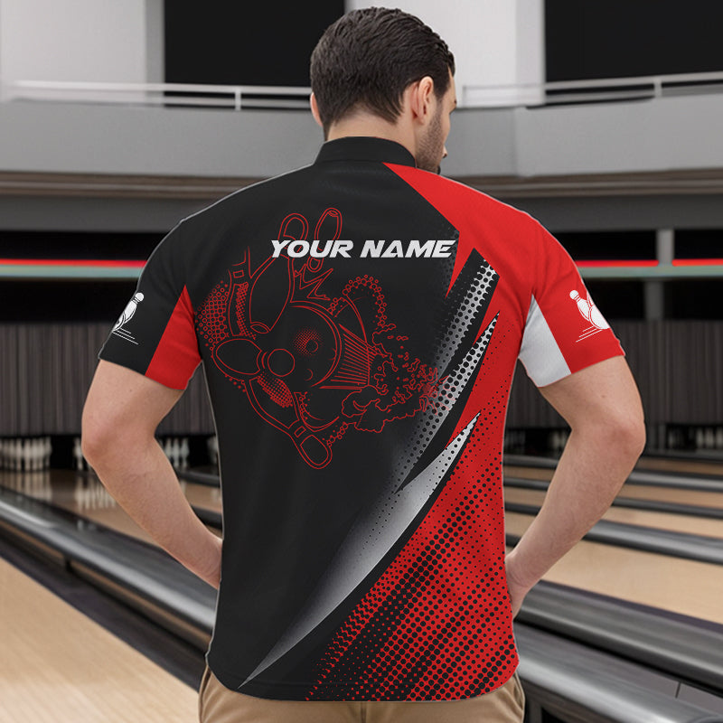 Rot-schwarze Bowlingkugeln und Pins, personalisierbare Bowlinghemden mit Viertelreißverschluss für Männer, Bowlingtrikots NQS4847