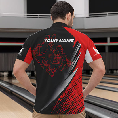 Rot-schwarze Bowlingkugeln und Pins, personalisierbare Bowlinghemden mit Viertelreißverschluss für Männer, Bowlingtrikots NQS4847