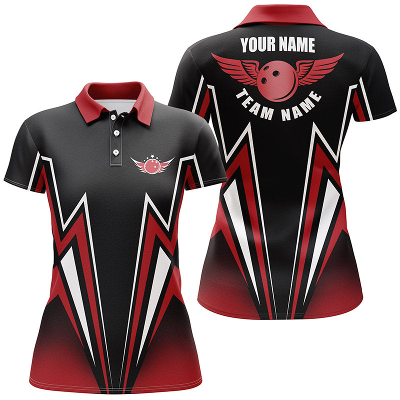 Rot-schwarzes Bowlinghemd, personalisiertes Blitz-Bowling-Poloshirt für Frauen, Bowling-Team-Trikots NQS4701