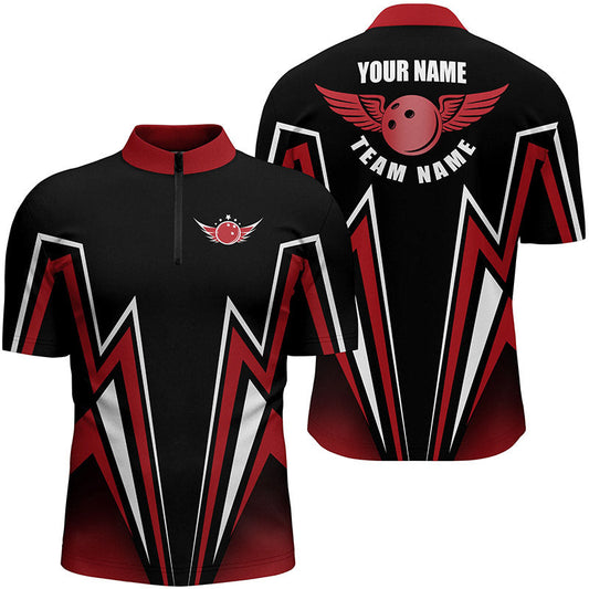 Rot-schwarzes Bowling-Hemd mit Viertelreißverschluss, personalisiertes Blitz-Shirt für Männer, Bowling-Team-Trikots NQS4701