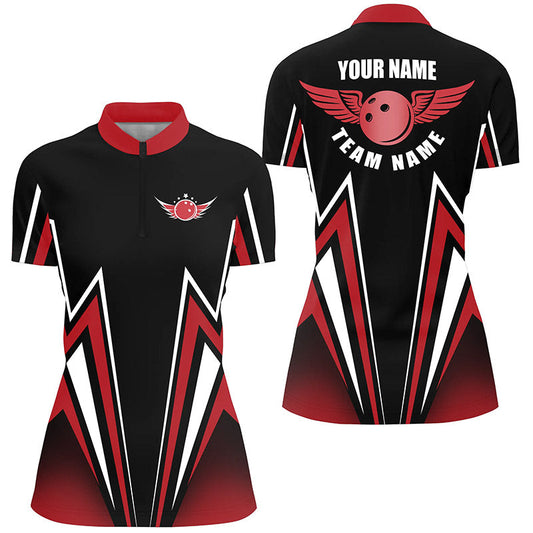 Rot-schwarzes Bowling-Hemd mit Viertelreißverschluss, personalisiertes Blitz-Shirt für Frauen, Bowling-Team-Trikots NQS4701