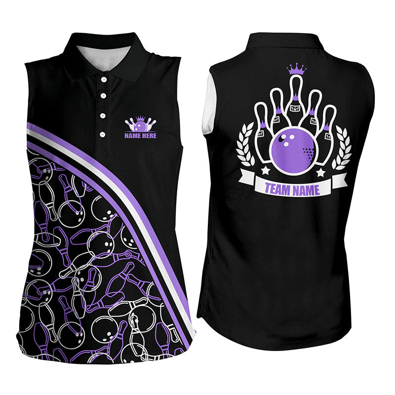 Personalisierte ärmellose Bowling-Poloshirts – Schwarz-Lila Bowling-Muster, Team-Bowling-Trikots NQS6531