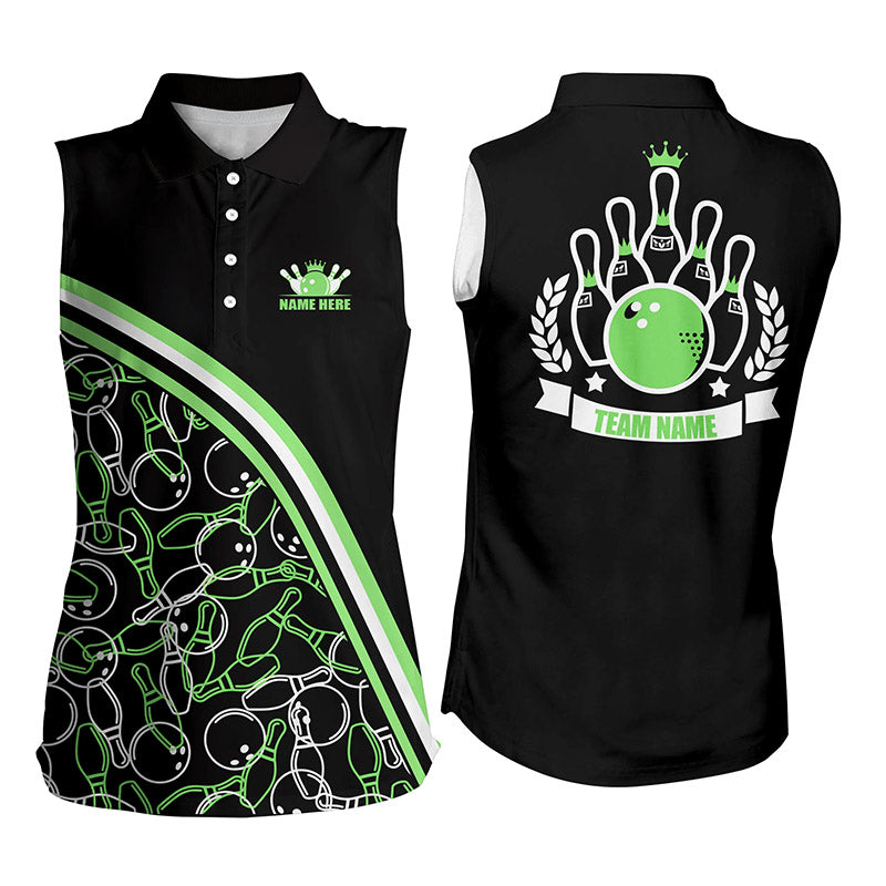 Personalisierte ärmellose Bowling-Poloshirts – Schwarz-Grünes Bowling-Muster, Team-Bowling-Trikots NQS6532