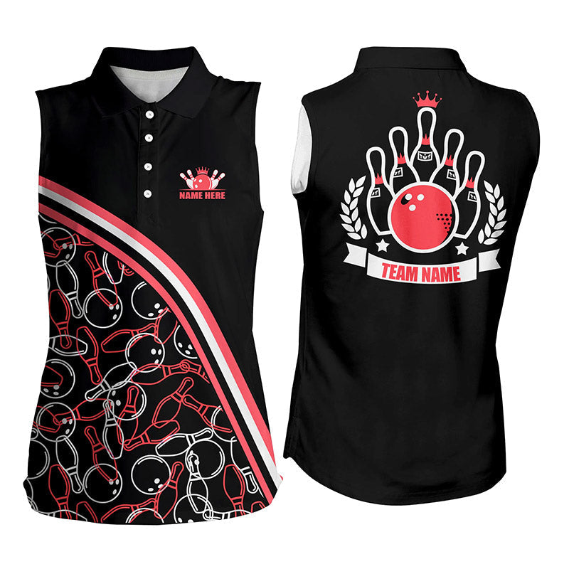 Personalisierte ärmellose Bowling-Poloshirts – Schwarz-Rotes Bowling-Muster, Team-Bowling-Trikots NQS6533