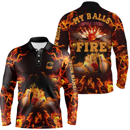 Flammen-Bowlinghemd, personalisierter Name: "My balls are on fire", Bowling-Poloshirts für Herren, Bowlingtrikot NQS4865