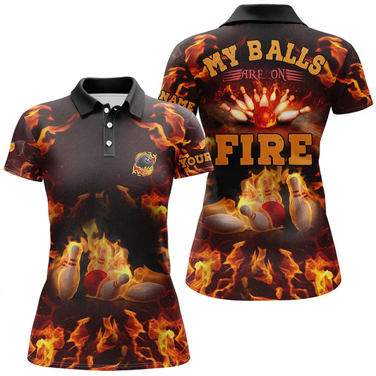 Flammen-Bowlinghemd, personalisiert: "My balls are on fire", Bowling-Poloshirts für Damen, Bowlingtrikot NQS4865