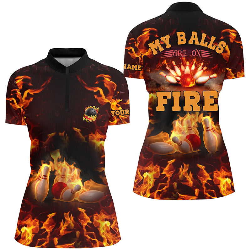 Flammen-Bowlinghemd, personalisiert: "My balls are on fire", Bowlinghemden mit Viertelreißverschluss für Damen, Bowlingtrikot NQS4865